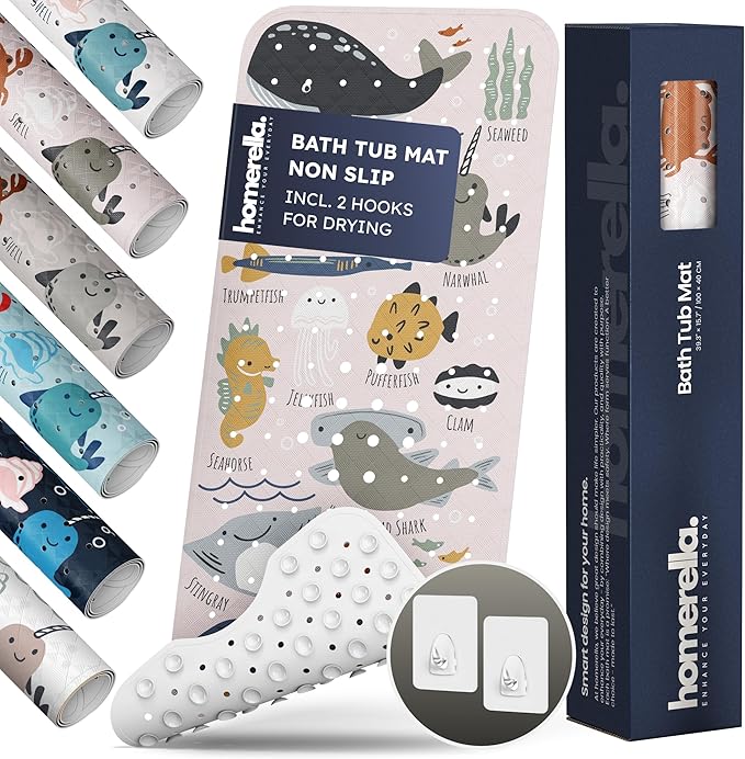 Homerella Baby Bath Tub Mat | Anti Mold Mildew Resistant Non Slip Kids and Adult Bath Tub Shower Mats | 40x16 inch Long with Suction Cups for Secure Grip Hooks for Storage & Drying | Machine Washable