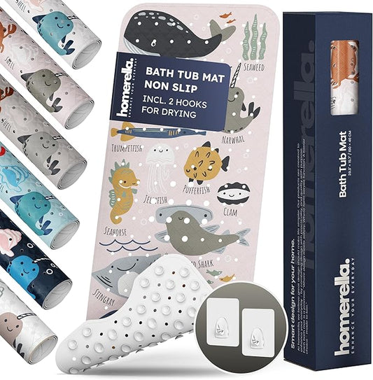 Homerella Baby Bath Tub Mat | Anti Mold Mildew Resistant Non Slip Kids and Adult Bath Tub Shower Mats | 40x16 inch Long with Suction Cups for Secure Grip Hooks for Storage & Drying | Machine Washable