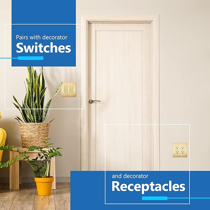 LIDER Brushed Finish Decorator Switch Cover, Screwless Wall Plate, Mid-Size 2-Gang 4.88" x 4.92", Unbreakable Polycarbonate Thermoplastic, UL Listed, LSWP-32M-BGD, Brushed Gold