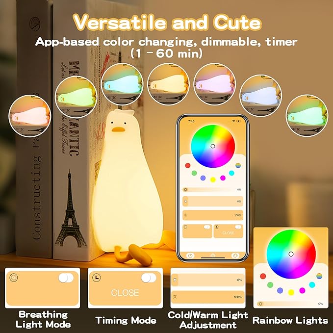 Cute Duck Night Light with Color Changing, APP/Tap Control Fun Lying Flat Ducky Lamp with Blind Box Gift,Soft Silicone Nursery Nightlight,Dimmable/Timing Bedside Touch Lamp,Baby Adults Kids Room Decor