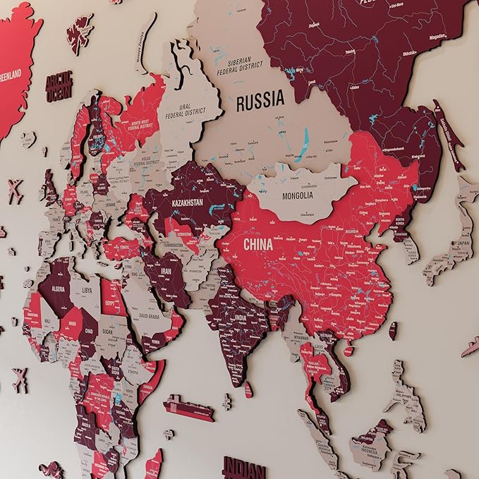 Colorfull Worlds 3D Wooden World Map Wall Art - Premium Multicolored World Travel Map for Wall Decor with Push Pins- Ideal Housewarming Gift & Travel Tracker (Medium, Crimson)
