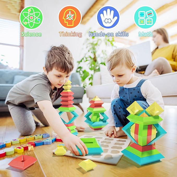 40Pcs Montessori Toys for Ages 3 4 5 6 Toddlers Kids Baby,Pyramid Stacking Building Toys,3D Preschool Learning Blocks for Kids,STEM Sensory Toy Gifts for 3-5 Year Old Boy Girl,Plastic Storage Bag Set