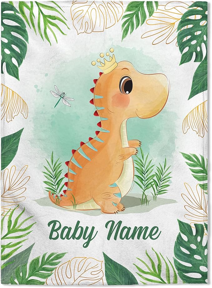 Personalized Baby Blankets, Custom Baby Blanket - Baby Blanket with Name for Boys, Best Gift for Baby, Newborn Elephants Flush Fleece (30x40) (Dinosaur 2)
