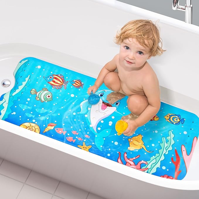 Vannokor Baby Bath Mat for Tub Non Slip Kids, 40 X 16 Inch Extra Long Bathtub Mat with Drain Holes and Suction Cups, Anti Slip Shower Mat Machine Washable, Dolphin