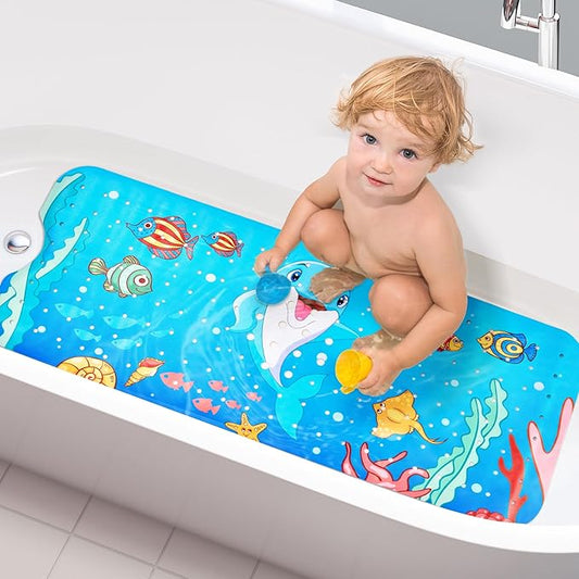 Vannokor Baby Bath Mat for Tub Non Slip Kids, 40 X 16 Inch Extra Long Bathtub Mat with Drain Holes and Suction Cups, Anti Slip Shower Mat Machine Washable, Dolphin