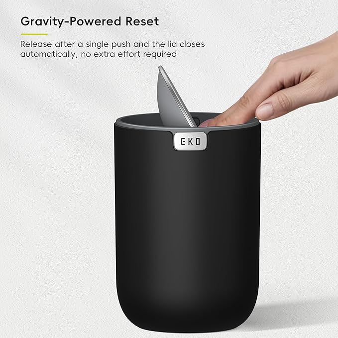 EKO Fandy 0.58 Gal/2.2L Mini Trash Can with Lid, Swing-Top Desktop Trash Can for Bathroom, Countertop, Vanity, Desk or Office, Small Garbage Bin (Black)