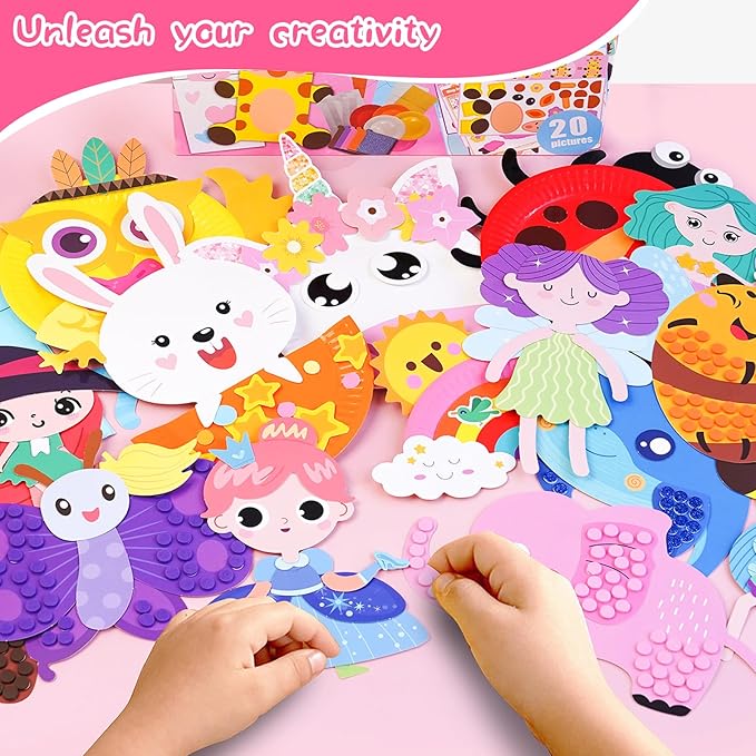 DINSUMRUG 20 Animal Arts & Crafts Kit for Kids 4-6, All-Inclusive Toddler Craft Box with Paper Plates, Puppets, Fun Activities, Tigers, Lions (134 Characters) (Princess)