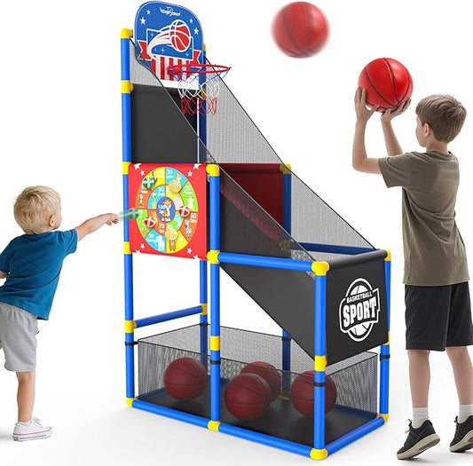 EagleStone 2-in-1 Kids Arcade Basketball Hoop with Dart Board,4 Balls Adjustable Height Basketball Toy Indoor Outdoor Carnival Games Gift for Boys Girls Toddlers Ages 3-12 Years Old,Pump Included