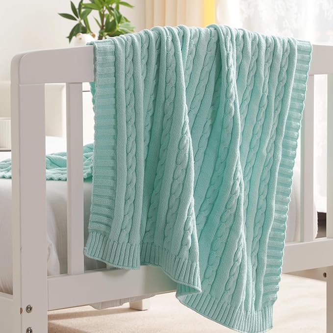 NTBAY 100% Pure Cotton Cable Knit Toddler Blanket, Super Soft Warm Breathable 30x40 Baby Blanket for Crib, Stroller, Nursery, Travel, Newborn, 30x40 Inches, Light Blue