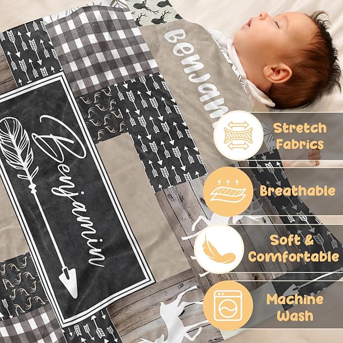 Custom Baby Blanket, Personalized Name Baby Blanket for Boys Girls, Woodland Deer Double Layer Dotted Backing Receiving Swaddle Blankets, Nursery Newborns New Parents Customized Gifts(30"x40")