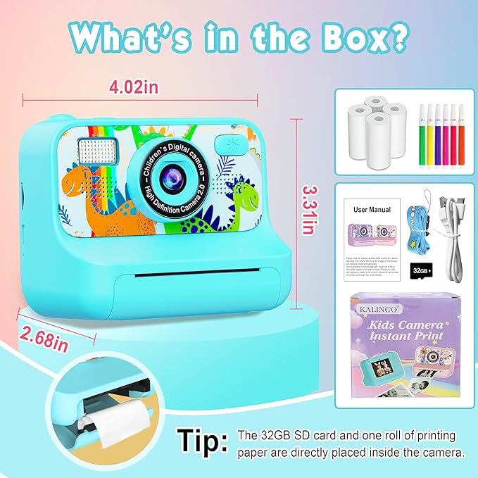 Kids Camera, Upgrade Kids Camera Instant Print, Front Rear Dual Selfie Digital CAM with 1080P Videos, Portable Travel Toy with Games and Music, Christmas Birthday Gift for Boys, Girls and Teens