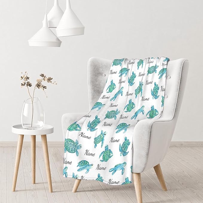 Personalized Baby Blanket for Girls Boys Turtle Custom Baby Blanket with Name Swaddle Blanket for Toddlers Infants Kids Shower Newborns Nursery Stroller Crib Decor Throw Birthday Gift