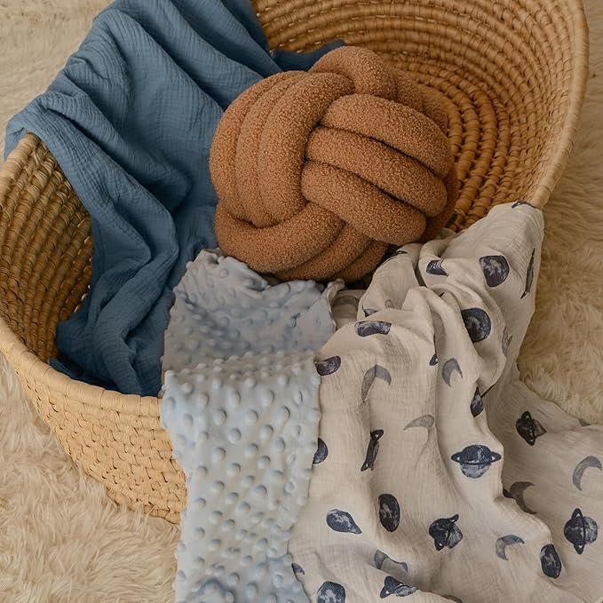 GLLQUEN BABY Blankets for Unisex Boys Girls, 2-Pack Muslin Cotton Front Soft and Breathable, and Dotted Fleece Backing, Printed Bed Nursery Minky Blankets for Toddler Newborn, Space, 30 x 40 inches