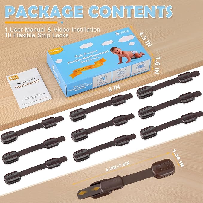 Baby Safety Strap Locks Child Safety Cabinet Proofing Child Proof Drawer Locks, Multi-Purpose Easy Install, Brown