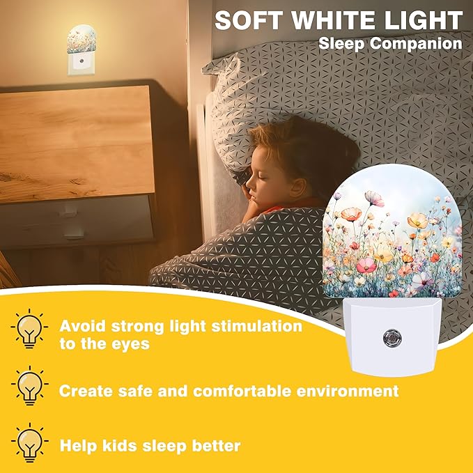 Night Lights Plug into Wall Watercolor Flowers Night Light Dusk to Dawn Smart Sensor Decorative Round Led Lamp for Bedroom Kitchen Hallway Nightlight for Women Men