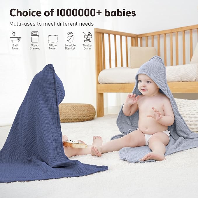 Susurration Hooded Baby Towels for Newborn 2 Pack 100% Muslin Cotton Towel for Babies，Highly Absorbent and Newborn Essential 30x30 Inch (Blue)