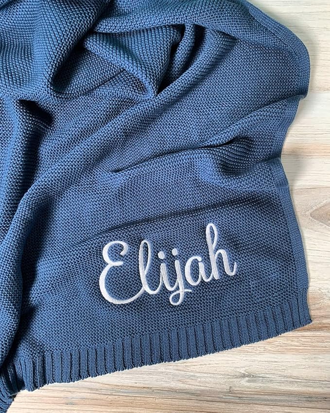 NAZENTI Custom Knit Baby Blanket, Embroidered Name Nursery Blanket, Newborn, Cotton Knit Stroller Blanket, Personalized Baby Knit Blanket Gifts