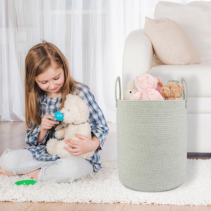 Cotton Rope Laundry Basket Hamper for Clothes Woven Storage Basket for Living Room Bedroom Boho Tall Rope Baskets for Blanket Toys Pillow Towels Baby Nursery Hamper Bin green