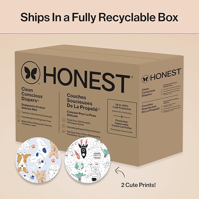 The Honest Company Clean Conscious Diapers for Sensitive Skin, Up to 100% Leakproof Hypoallergenic Fragrance-Free Baby Diapers, Gender Neutral Prints, Super Club Box, Size 3 (16–28 lbs), 120 Count