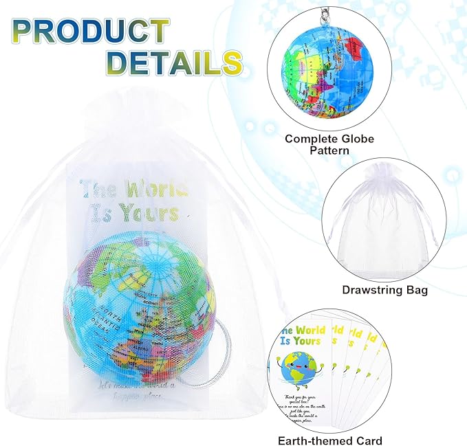 Quelay 50 Pack Earth Day Globe Keychains for Kids, Planet Earth Keyrings Toy Includes Globe Stress Balls Cards Organza Bags, School Party Favor