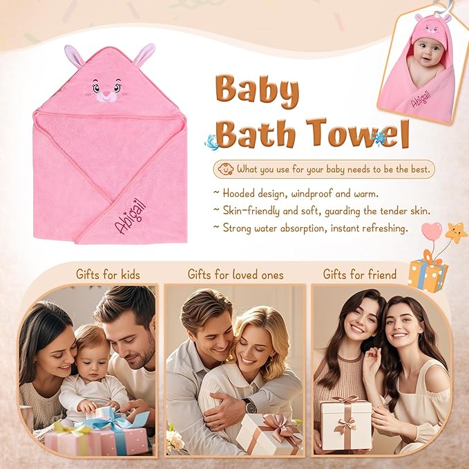 Personalized Baby Towels for Newborn Custom Embroidery Name Hooded Baby Bath Towels for Boy Girl Newborn Essentials Must Haves Shower Gift Soft Coral Velvet 30"x30" (Pink)