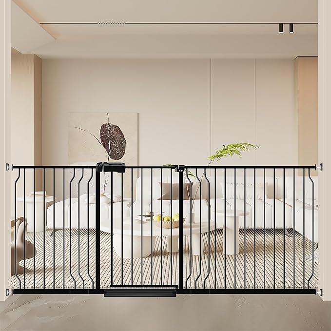Extra Wide Baby Gates for Doorways 71.65"-85.82" Extra Wide Baby Gate Dog gate Pressure Mounted No Drilling with Walk-Through, Auto-Close & Dual-Direction Swing for Large Wide Opening Black