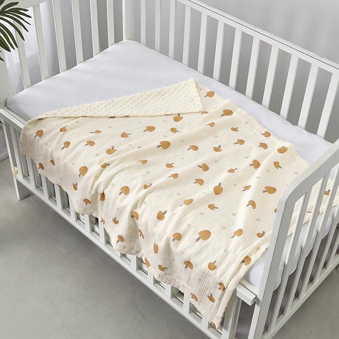 CREVENT 30''X40'' Organic Muslin Cotton Baby Blanket for Newborns, Soft Mink Backing, Essential for Baby Shower Birthday Gift - Mushroom 75X100cm