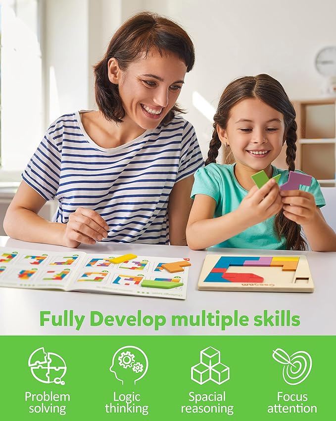 Coogam Wooden Puzzle Blocks Geometric Tangram Brain Teasers Jigsaw 3D Logic IQ Game Colorful Shape Pattern Montessori STEM Educational Toys Gift 60 Challenges for All Age