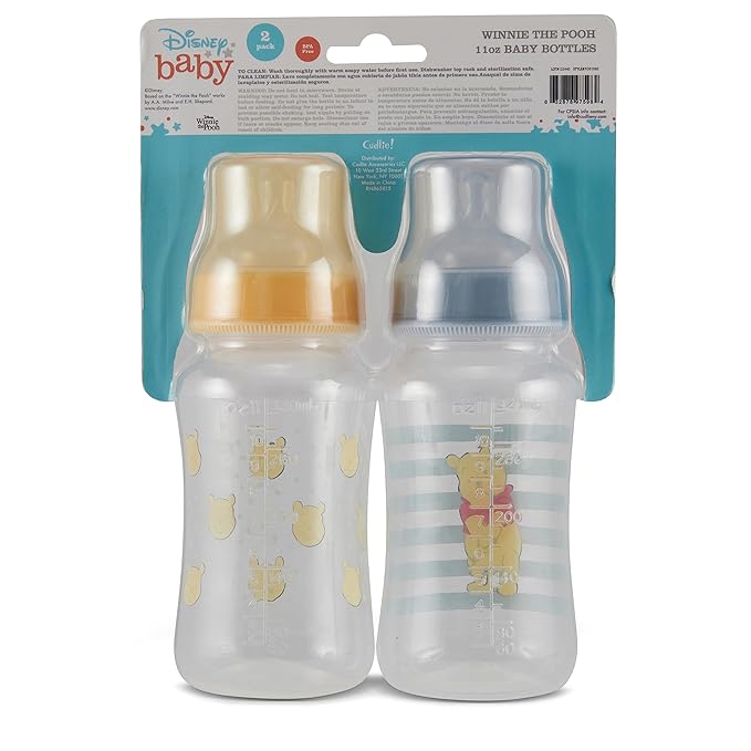 Disney Winnie The Pooh Baby Bottles 11 oz for Boys or Girls | 2 Pack of Infant Hourglass Shaped Bottles with Cover for Newborns and All Babies | BPA-Free Plastic Baby Bottle for Baby Shower