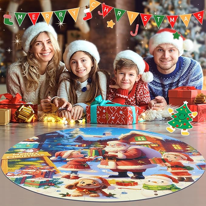 Christmas Puzzles for Kids Ages 4-6, Large Round Floor Puzzles with Santa Claus & Snowman, 70 Piece Jigsaw Puzzles for Boys & Girls Aged 3-8, Educational Toy Gift