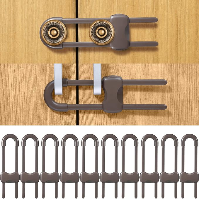 Jetec 10 Pieces Cabinet Locks for Babies, U-Shaped Proofing Drawers Safety Child Locks Adjustable, Easy to Use Childproof Latch for Knob Handle on Kitchen Door Storage Cupboard Closet (Brown)