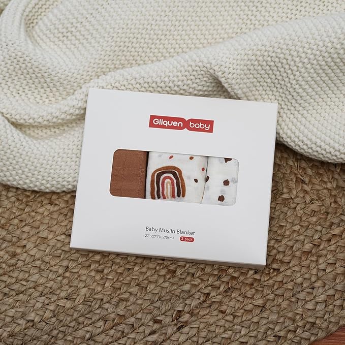 GLLQUEN BABY Receiving Blanket Boy Cotton Muslin Swaddle Blankets Girl Newborn Squares Breathable & Soft Thin Baby Blankets Cloths Double Absorbent Infant Swaddling Wrap - 3 Pack (Rainbow)