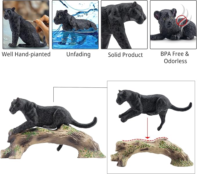 Toymany 7PCS Black Panthers Figurines with Panther Cub and Tree Trunk, Realistic Jungle Animals Figures Family Playset, Educational Toy Cake Toppers