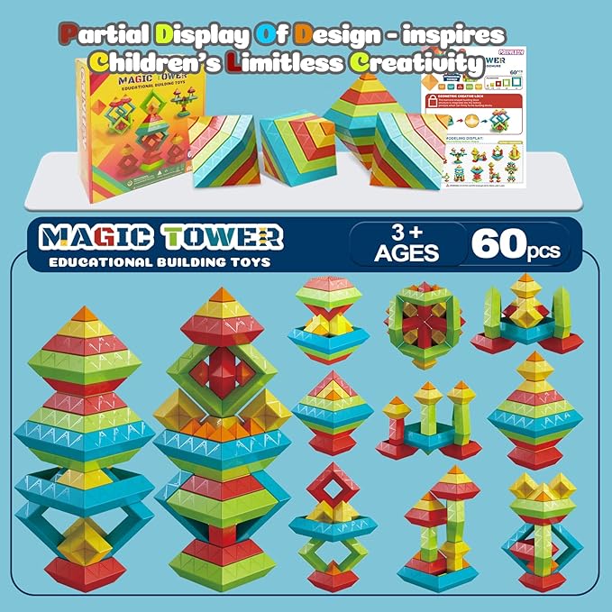 Stacking Toys Building Blocks for Toddlers 60 PCS Montessori Toys for 3 4 5 6 Year Old Sensory Toys Preschool Learning Activities Stem Educational Pyramid Magic Tower Gifts Set for Kids Boys Girls