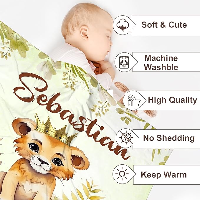 J&SBGFT Custom Baby Boy Lion Blanket with Name,Receiving Blanket for Toddlers Kids Nursery Stroller Crib Cuddles