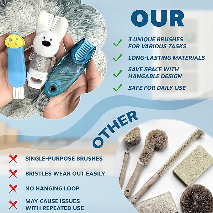 Cup Lid Cleaning Brush, Multifunctional Set with 3 in 1 Lid Cleaner and Two 4 in 1 Cup Lid Cleaning Brushes, Cleaning Brush Tool for Bottles, Straws, Tumblers, Travel Mug Caps, Portable Kit (Blue)