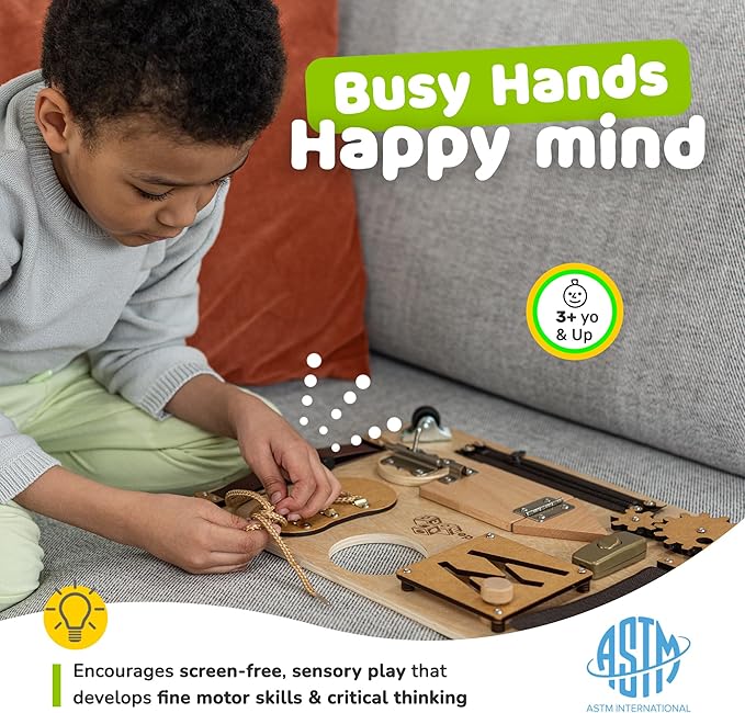 deMoca Sensory Busy Board for Toddlers, Premium Wooden Toddler Busy Board for 1 2 3 Year Old with 10 Educational Activities for Fine Motor Skills, Fidget Activity Toy for Travel Toy (Nature - Large)