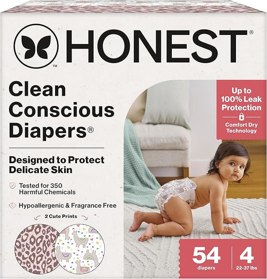 The Honest Company Clean Conscious Diapers for Delicate Skin | Up to 100% Leakproof | Hypoallergenic, Fragrance Free | Girl Prints | Club Box, Size 4 (22-37 lbs), 54 Count (Prints May Vary)