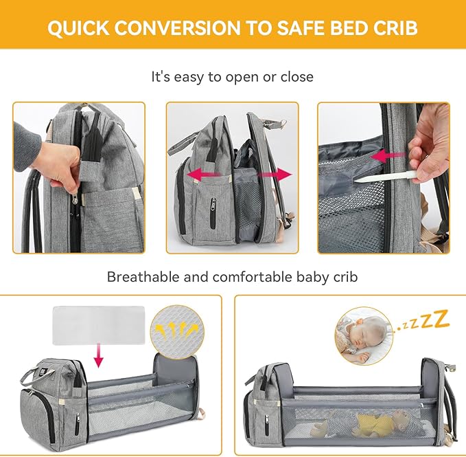 Diaper Bag Backpack with Changing Station – Large Waterproof Baby Bag for Moms & Dads, Pañaleras para Bebe, Multifunctional Diaper Backpack for Baby Girl, Travel Essentials (Gray)