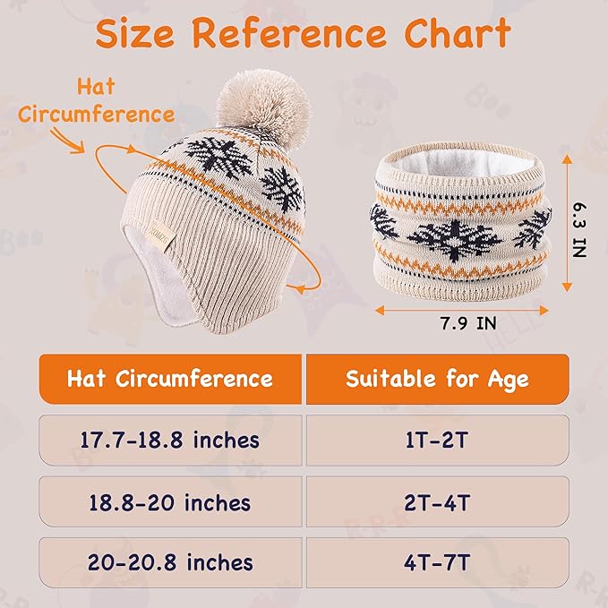 Beanie Knit Hats for Toddlers with Earflap Fleece Lined Hat Kids Warm Winter Hat Scarf Set Children's Thick Ski Cap