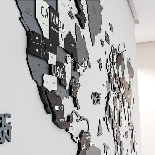 Colorfull Worlds 3D Wooden World Wall Art | Unique Wall Decor with Pins for Travel Enthusiasts | Home and Office Wall Décor | Grey | Large