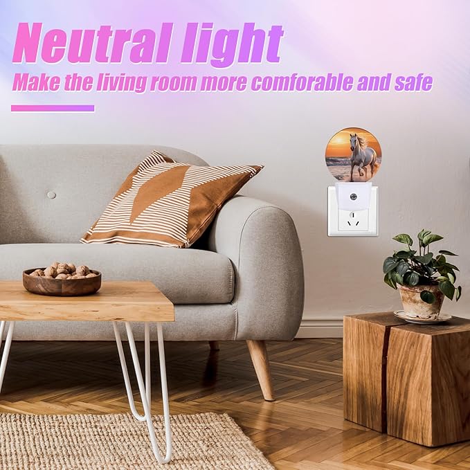 Running Horse Night Light Sunset Night Lights LED Lamp Round Plug into Wall Nightlight with Dusk to Dawn Sensor Home Hallway Stairway Kitchen Decor