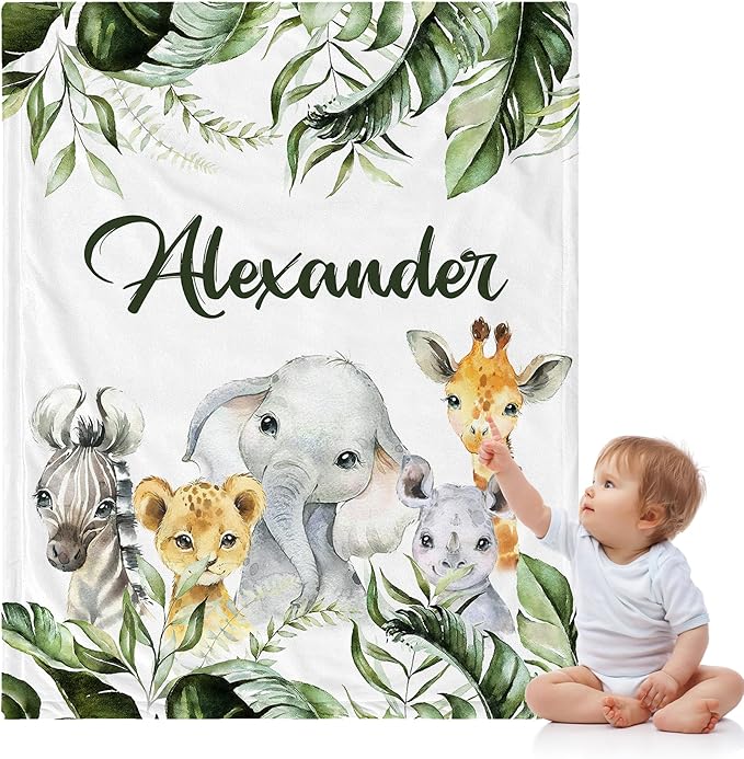 J&SBGFT Personalized Baby Blanket for Boys,Custom Baby Blanket with Name, Customized Name Blanket Receiving Blankets for Toddlers Kids Nursery Stroller Crib Decor Throw,Safari Animal Green