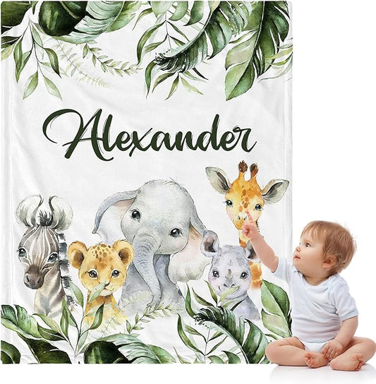 J&SBGFT Personalized Baby Blanket for Boys,Custom Baby Blanket with Name, Customized Name Blanket Receiving Blankets for Toddlers Kids Nursery Stroller Crib Decor Throw,Safari Animal Green