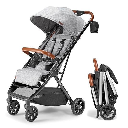 Bombi Bēbee V2 Lightweight Baby Stroller - Premium Vegan Leather, One-Hand Fold, Infinite Recline, Aircraft-Grade Aluminum Frame, XXL Canopy, and Ample Storage Umbrella Stroller - Stone Gray