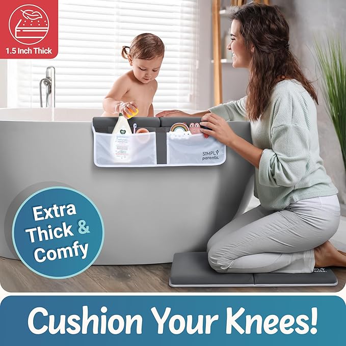Baby Bath Kneeler and Elbow Rest Pad Set - Quick-Dry, Non-Slip Kneeling Pad for Bathing Toddler, Toy Organizer Pockets, Gift Box, Accessories for Tub, Gray