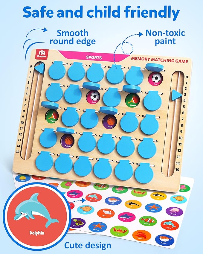 Coogam Memory Matching Game, Wooden Board Travel Toy with Memory Cards, Essential Activity for Road Trip Airplane/Car/Camping, Fine Motor Educational Gift Toy for 3 4 5 Year Old Kids