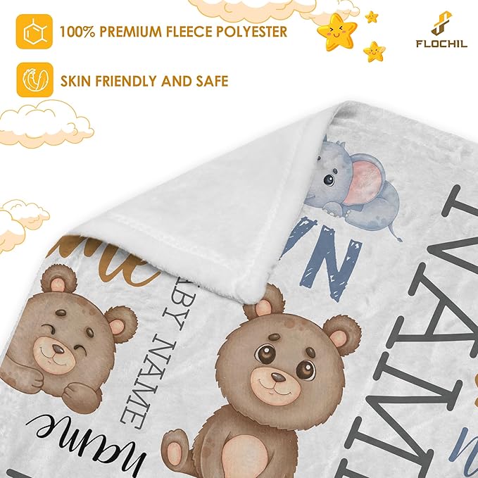 FLOCHIL Personalized Baby Blankets, Custom Baby Blanket - Baby Blanket with Name for Boys, Best Gift for Newborn Elephants Flush Fleece (30x40) (Monogram 2)