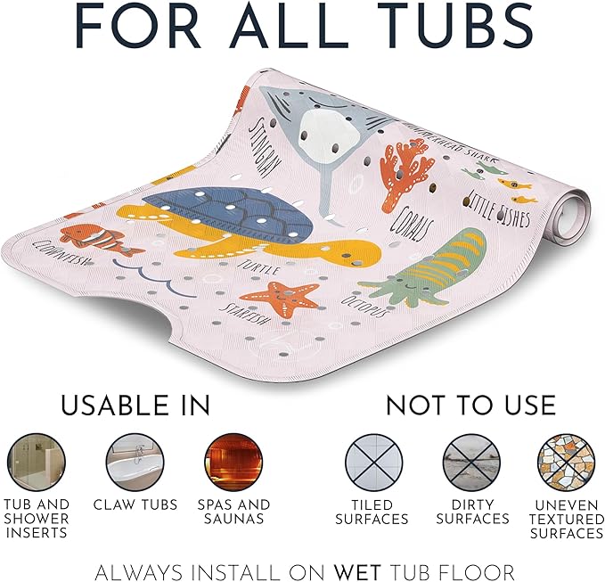 Homerella Baby Bath Tub Mat | Anti Mold Mildew Resistant Non Slip Kids and Adult Bath Tub Shower Mats | 40x16 inch Long with Suction Cups for Secure Grip Hooks for Storage & Drying | Machine Washable