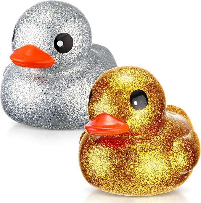 Honoson 2 Pcs 6.89 Inch Giant Glitter Rubber Ducks Big Sparkly Rubber Ducks Jumbo Bathtub Toys with Squeaky Sound for Baby Shower Pool Activity Birthday Gift(Glitter,Gold, Silver)